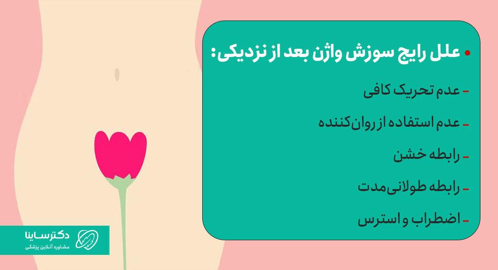 علل رایج سوزش واژن بعد از نزدیکی در عکس مشاهده میشود.